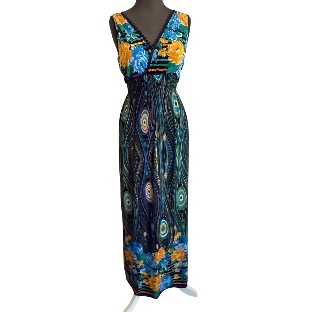 Tu Talla Womens Floral Peacock Print Maxi Dress V-Neck Smocked‎ Waist Large
